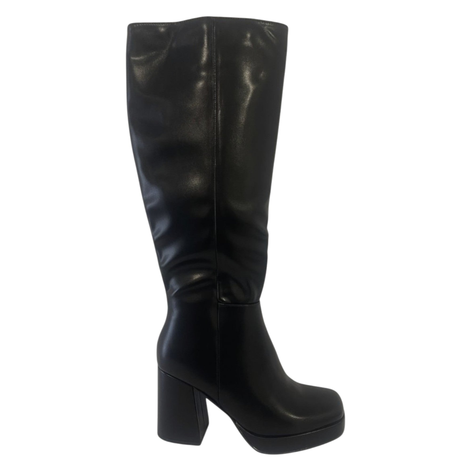 Bota Alta de Tacón Ancho en Piel Sintética – Elena Negra